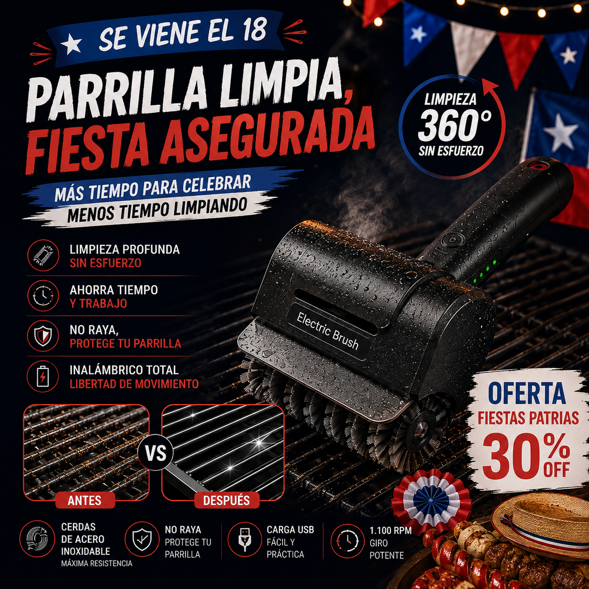 PROMO FIESTAS PATRIAS 🥩 | CEPILLO ELÉCTRICO LIMPIA PARRILLAS | OLVÍDATE DE RASCAR LA GRASA Y DISFRUTA EL ASADO